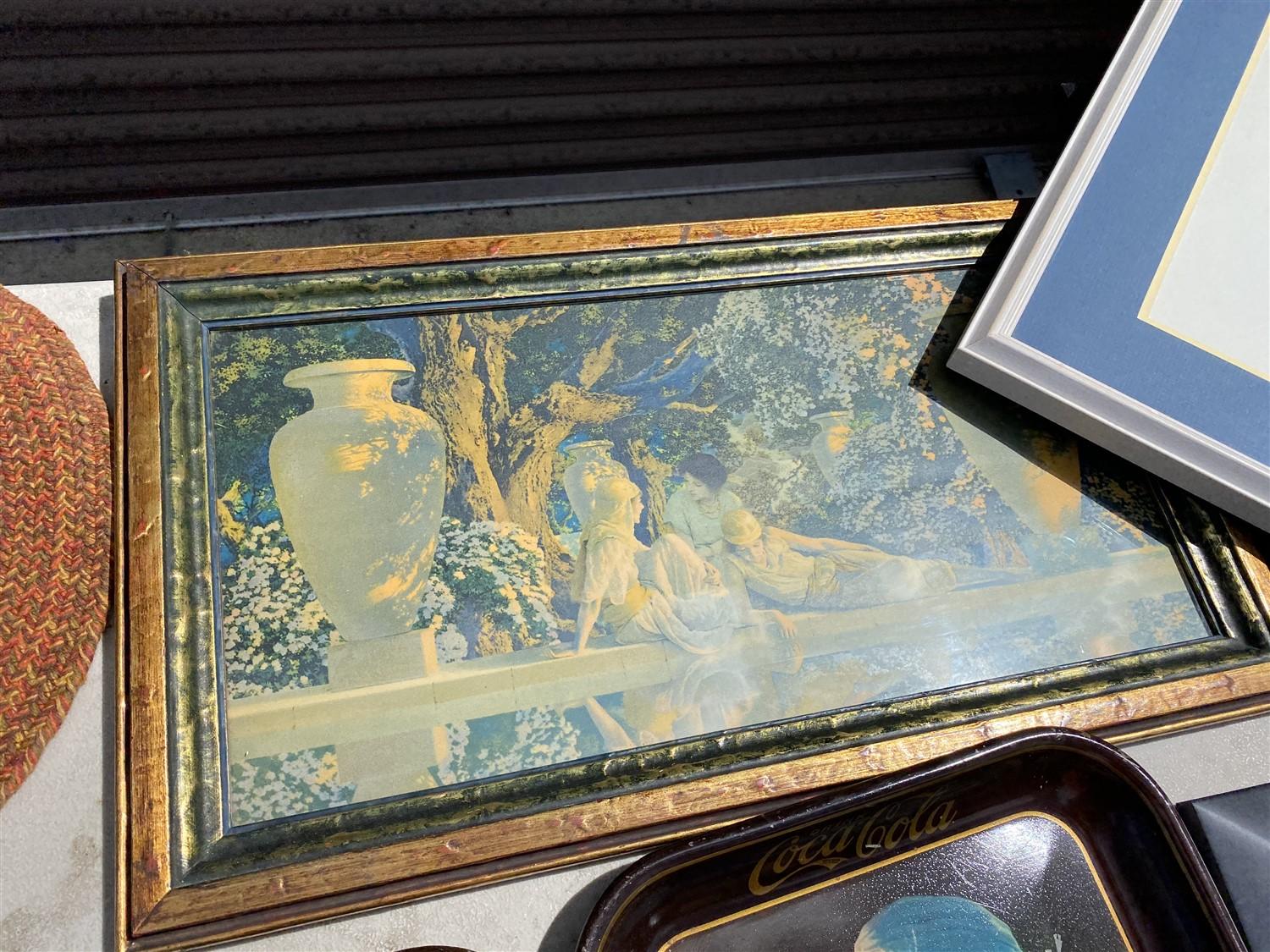 Table lot of assorted framed art, Coca Cola trays, paintings