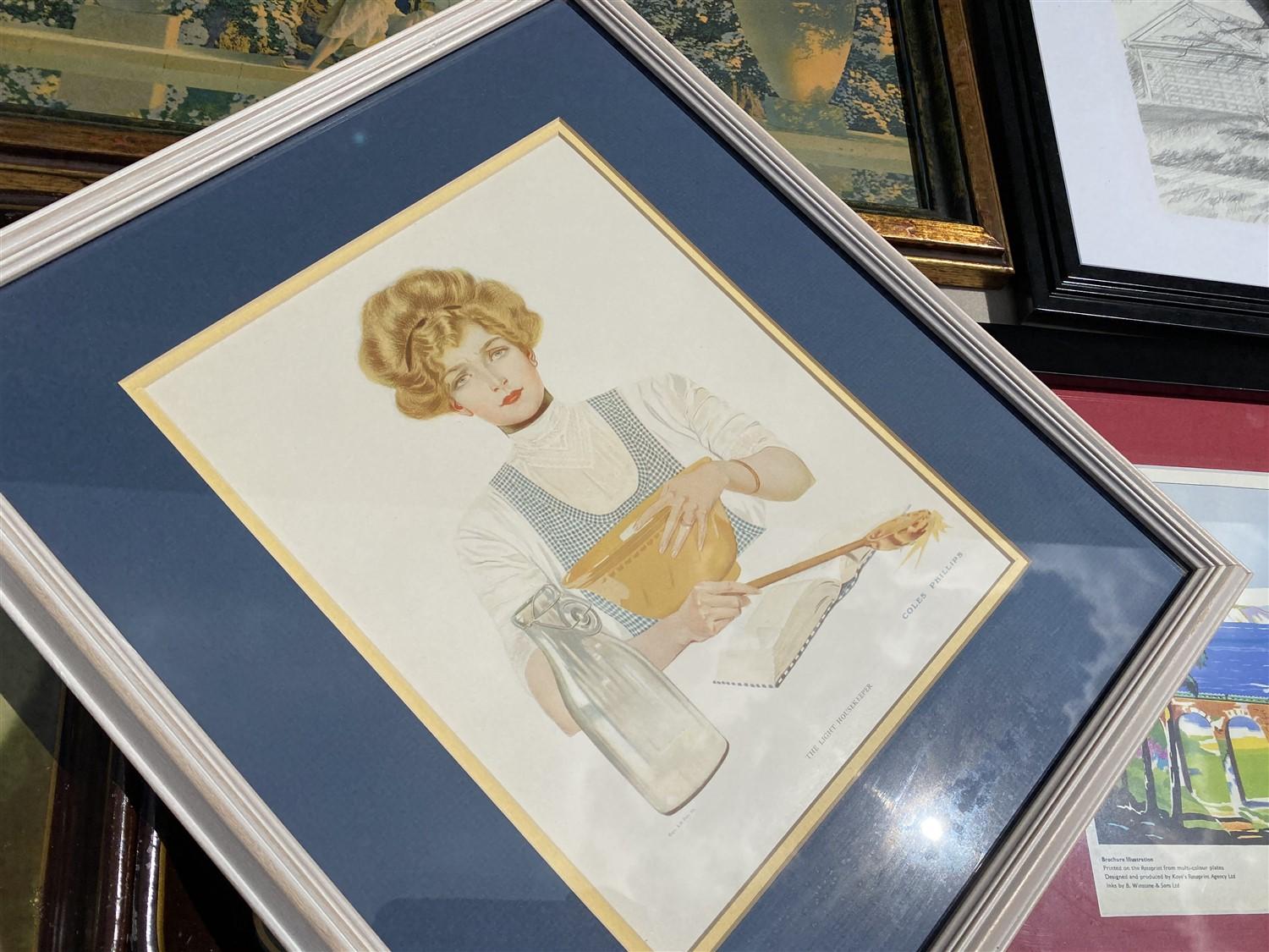 Table lot of assorted framed art, Coca Cola trays, paintings