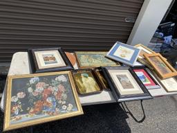 Table lot of assorted framed art, Coca Cola trays, paintings