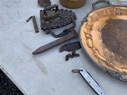 Group lot of assorted antiques, coffee grinder, trivet, knife etc