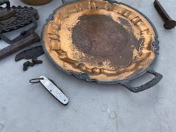 Group lot of assorted antiques, coffee grinder, trivet, knife etc