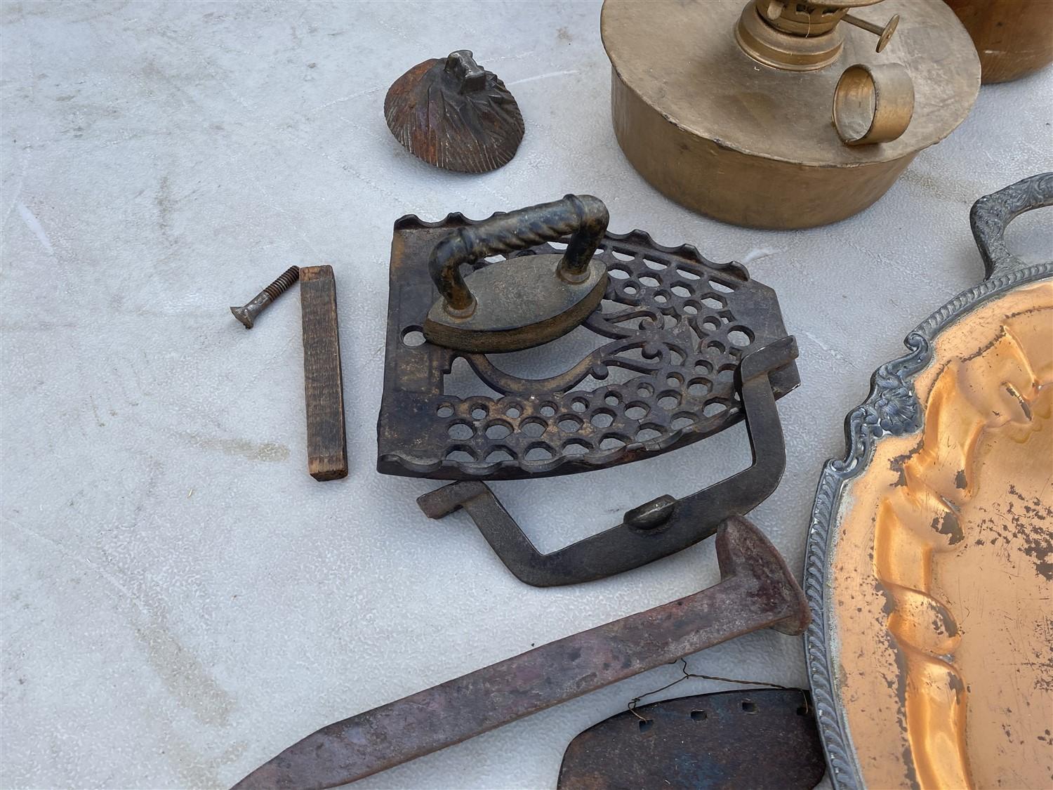 Group lot of assorted antiques, coffee grinder, trivet, knife etc