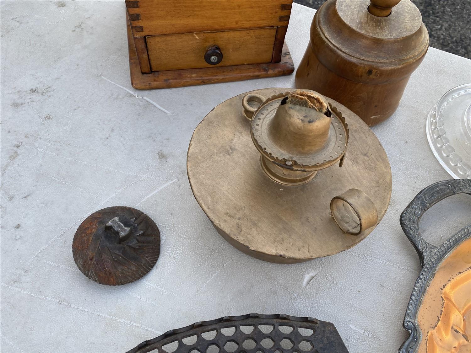 Group lot of assorted antiques, coffee grinder, trivet, knife etc