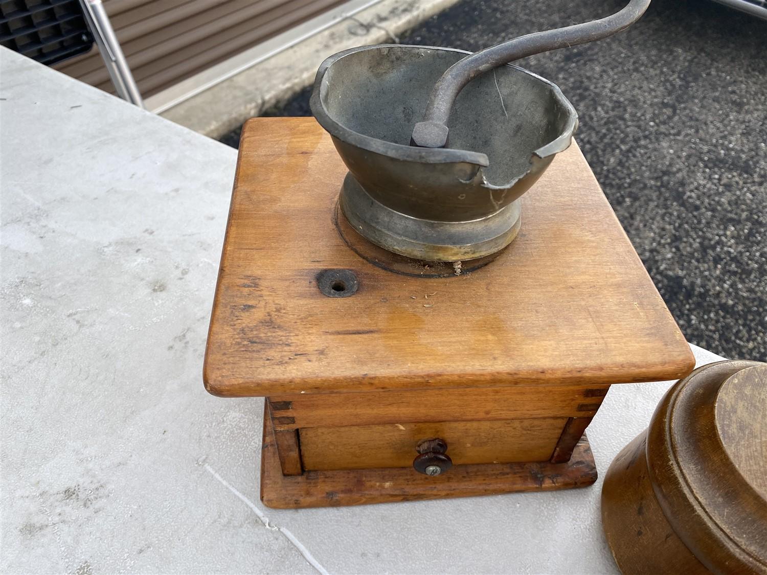 Group lot of assorted antiques, coffee grinder, trivet, knife etc