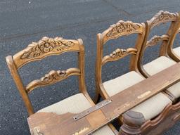 Group of six older chairs plus headboard, rails