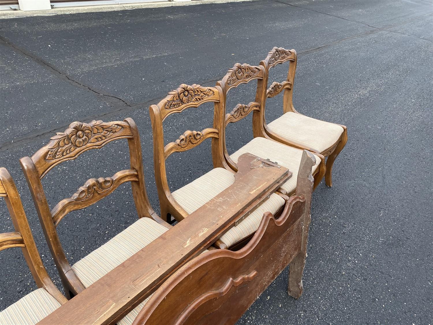 Group of six older chairs plus headboard, rails