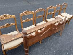 Group of six older chairs plus headboard, rails