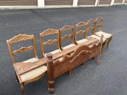 Group of six older chairs plus headboard, rails