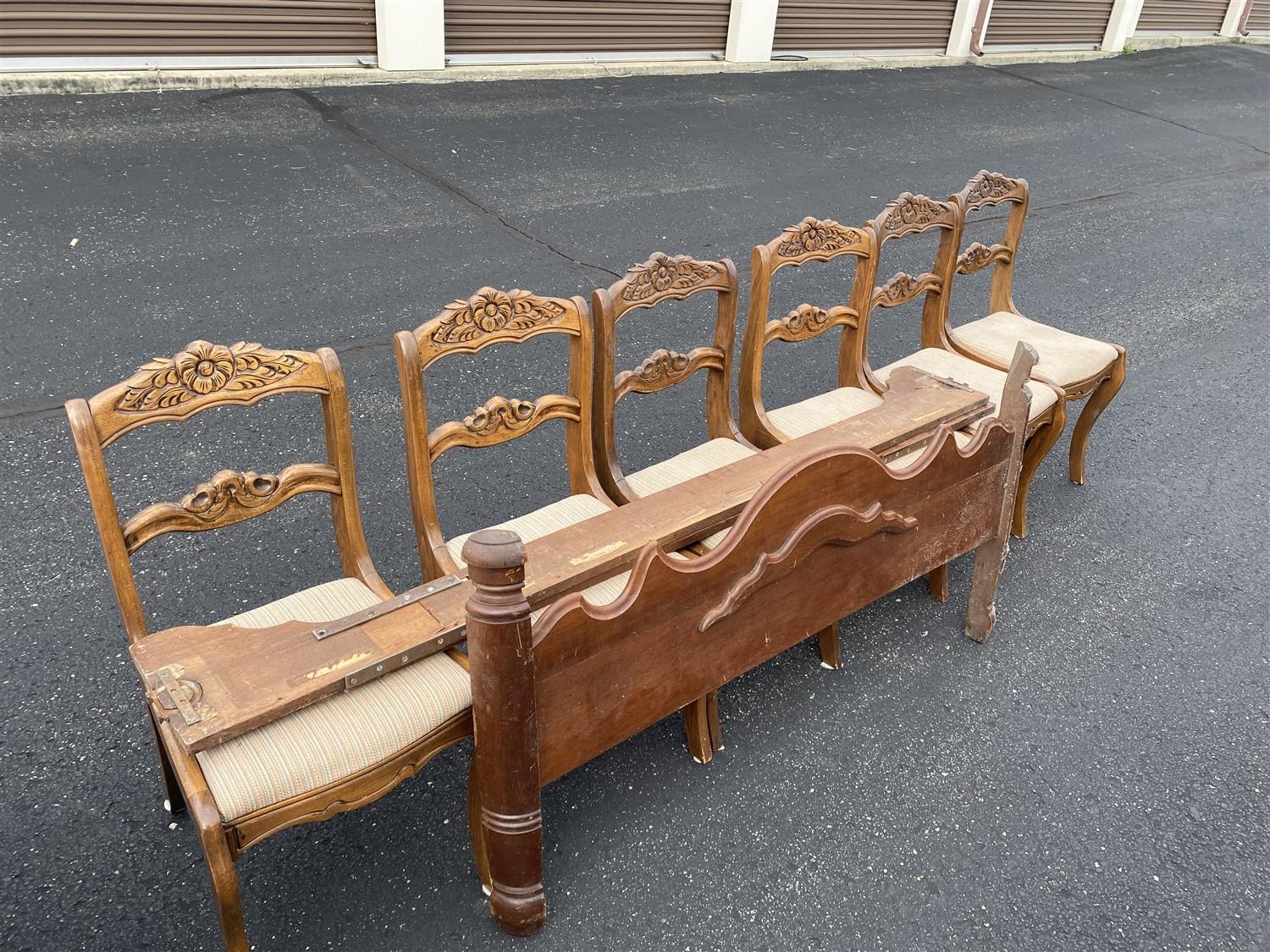 Group of six older chairs plus headboard, rails
