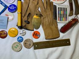 Collection of Buttons, Knives, Pens, Watch, Gloves and More.
