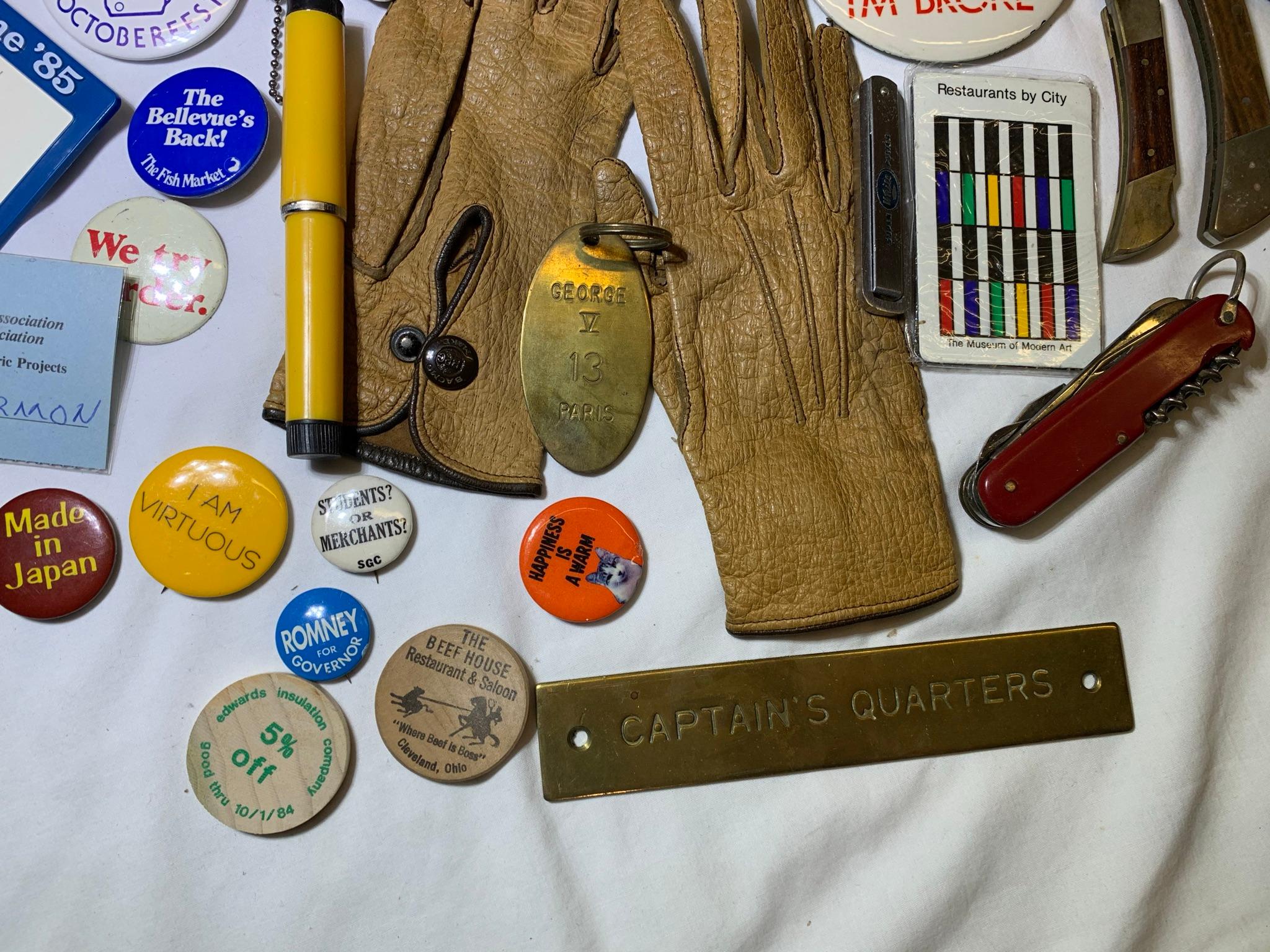 Collection of Buttons, Knives, Pens, Watch, Gloves and More.