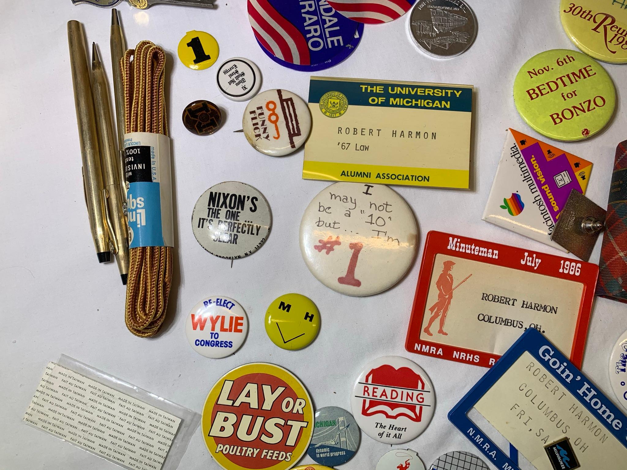 Collection of Buttons, Knives, Pens, Watch, Gloves and More.
