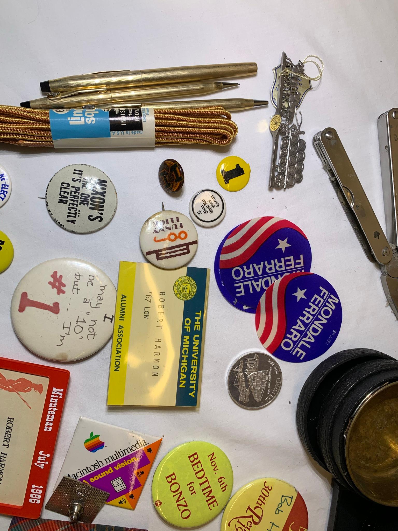 Collection of Buttons, Knives, Pens, Watch, Gloves and More.