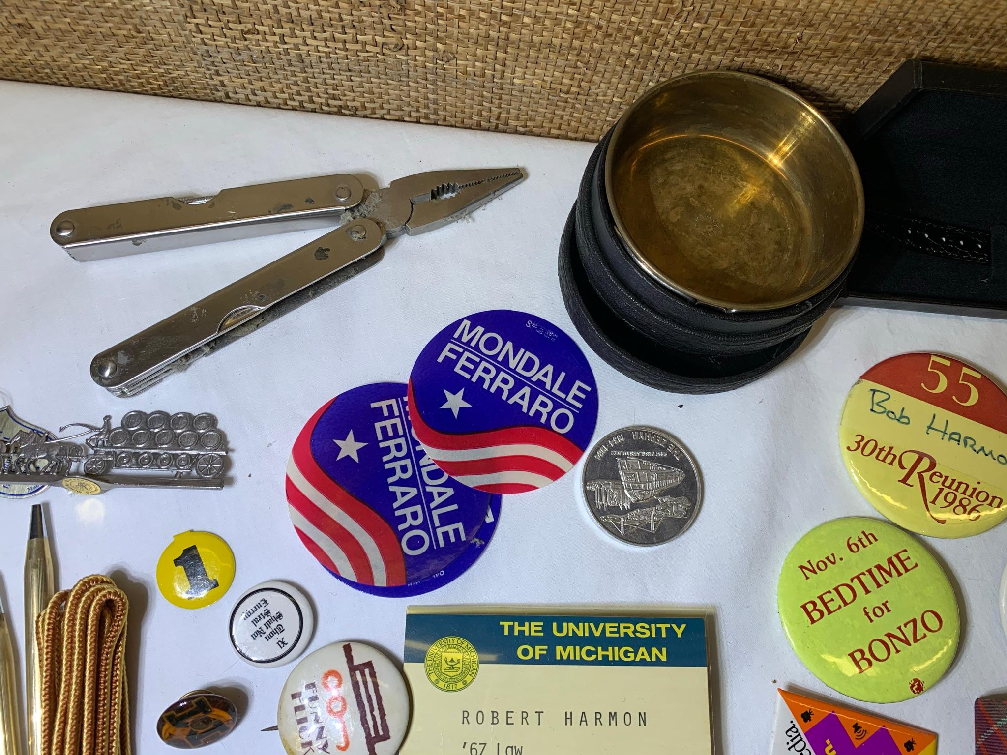 Collection of Buttons, Knives, Pens, Watch, Gloves and More.