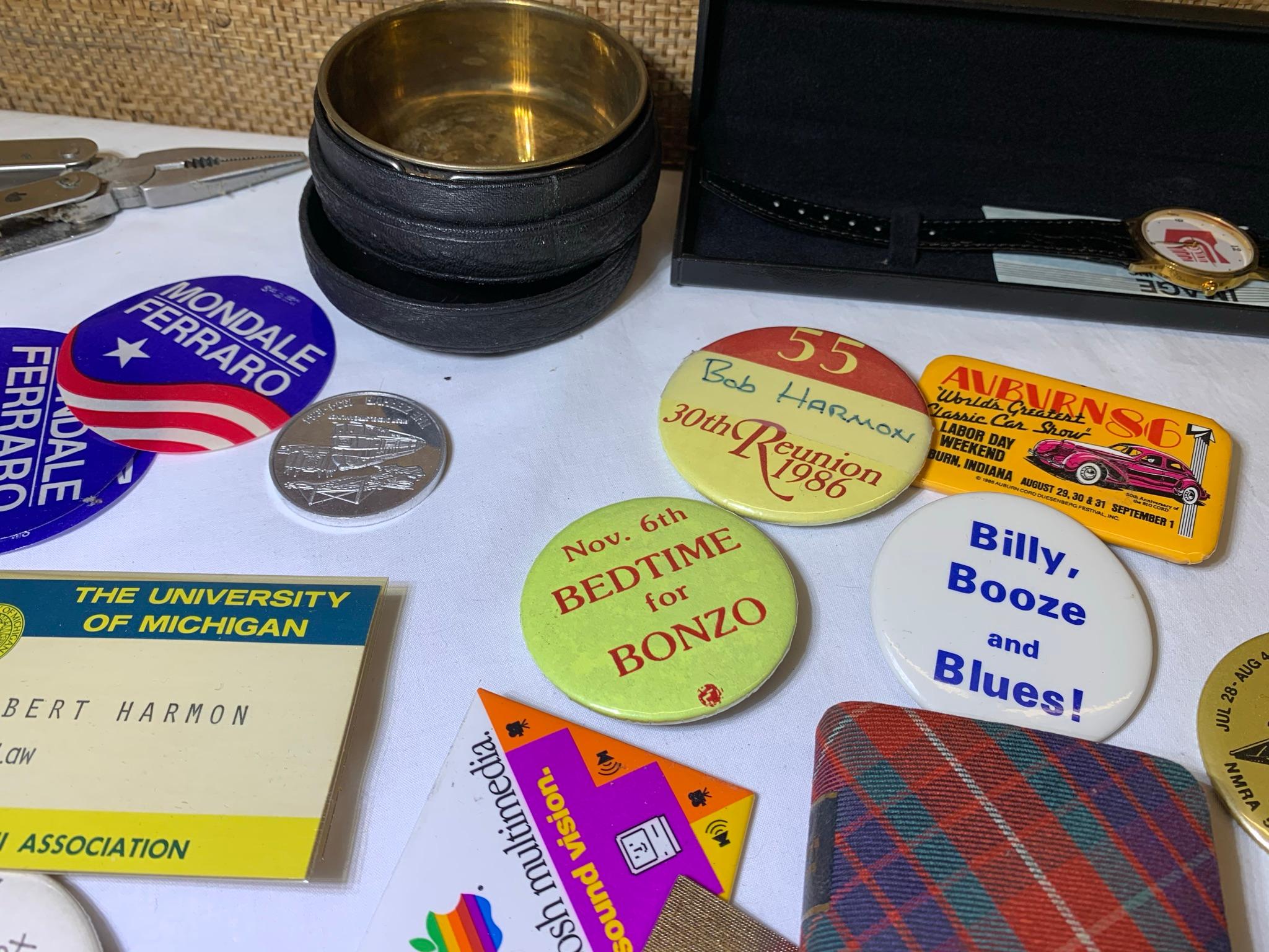 Collection of Buttons, Knives, Pens, Watch, Gloves and More.