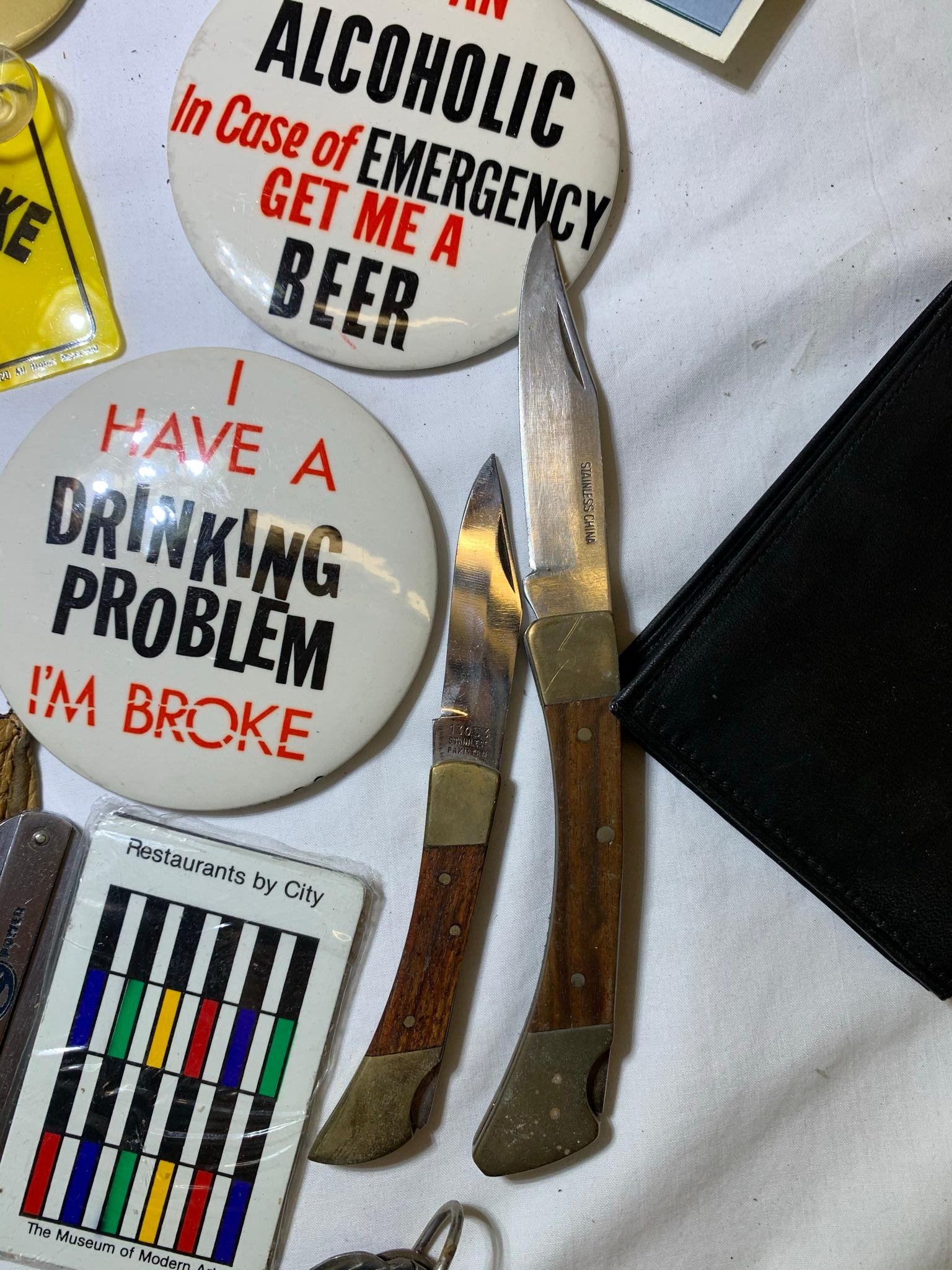Collection of Buttons, Knives, Pens, Watch, Gloves and More.