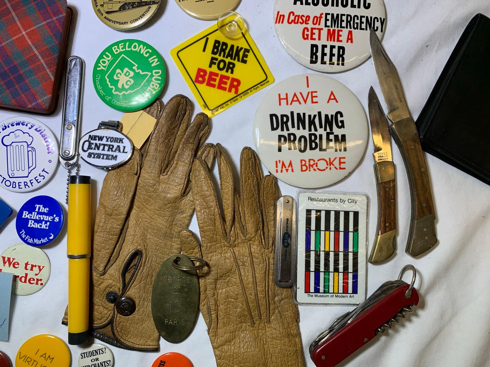 Collection of Buttons, Knives, Pens, Watch, Gloves and More.