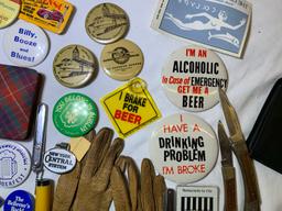 Collection of Buttons, Knives, Pens, Watch, Gloves and More.