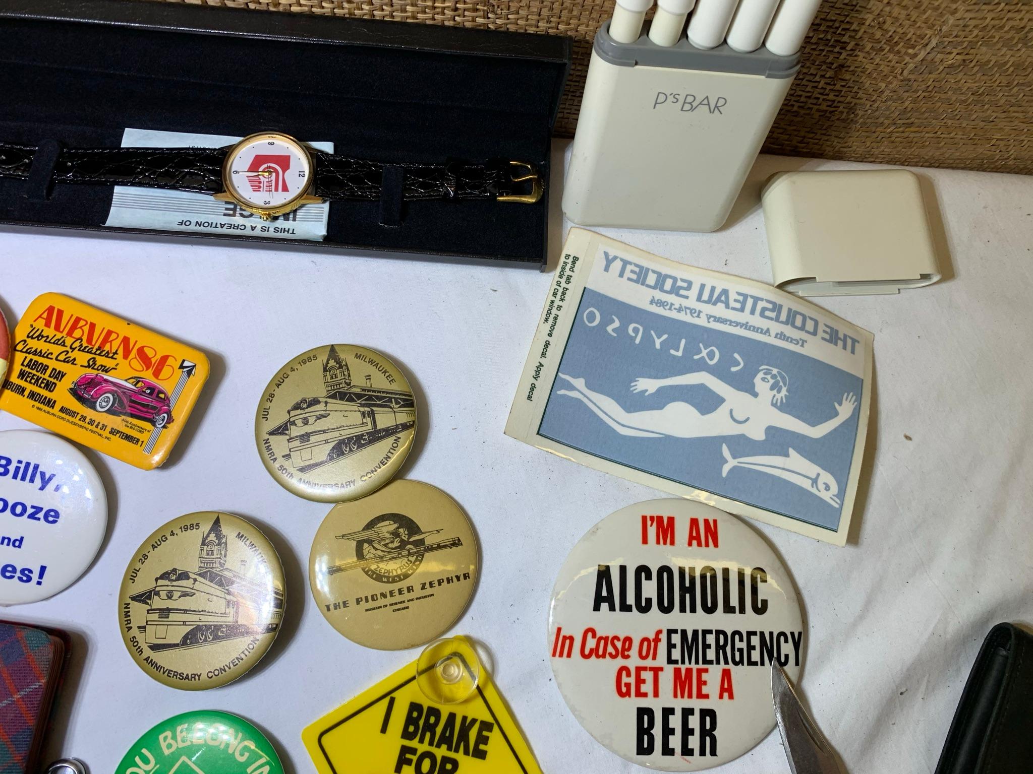 Collection of Buttons, Knives, Pens, Watch, Gloves and More.