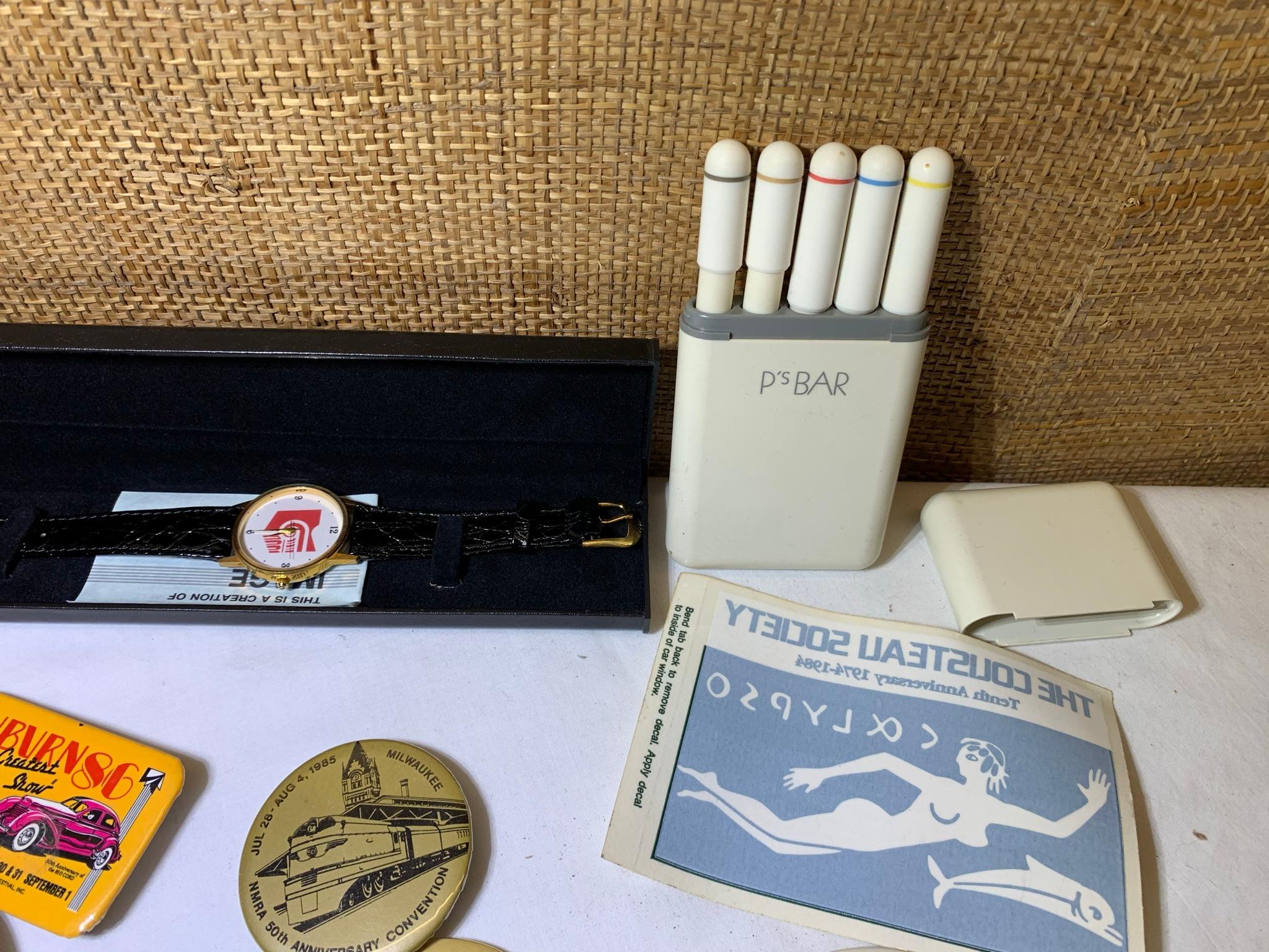 Collection of Buttons, Knives, Pens, Watch, Gloves and More.