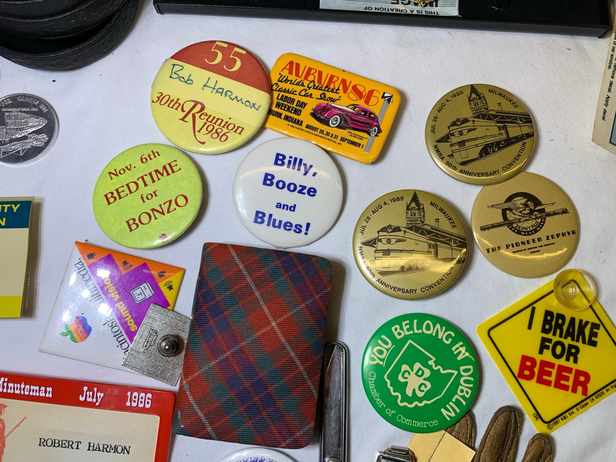 Collection of Buttons, Knives, Pens, Watch, Gloves and More.