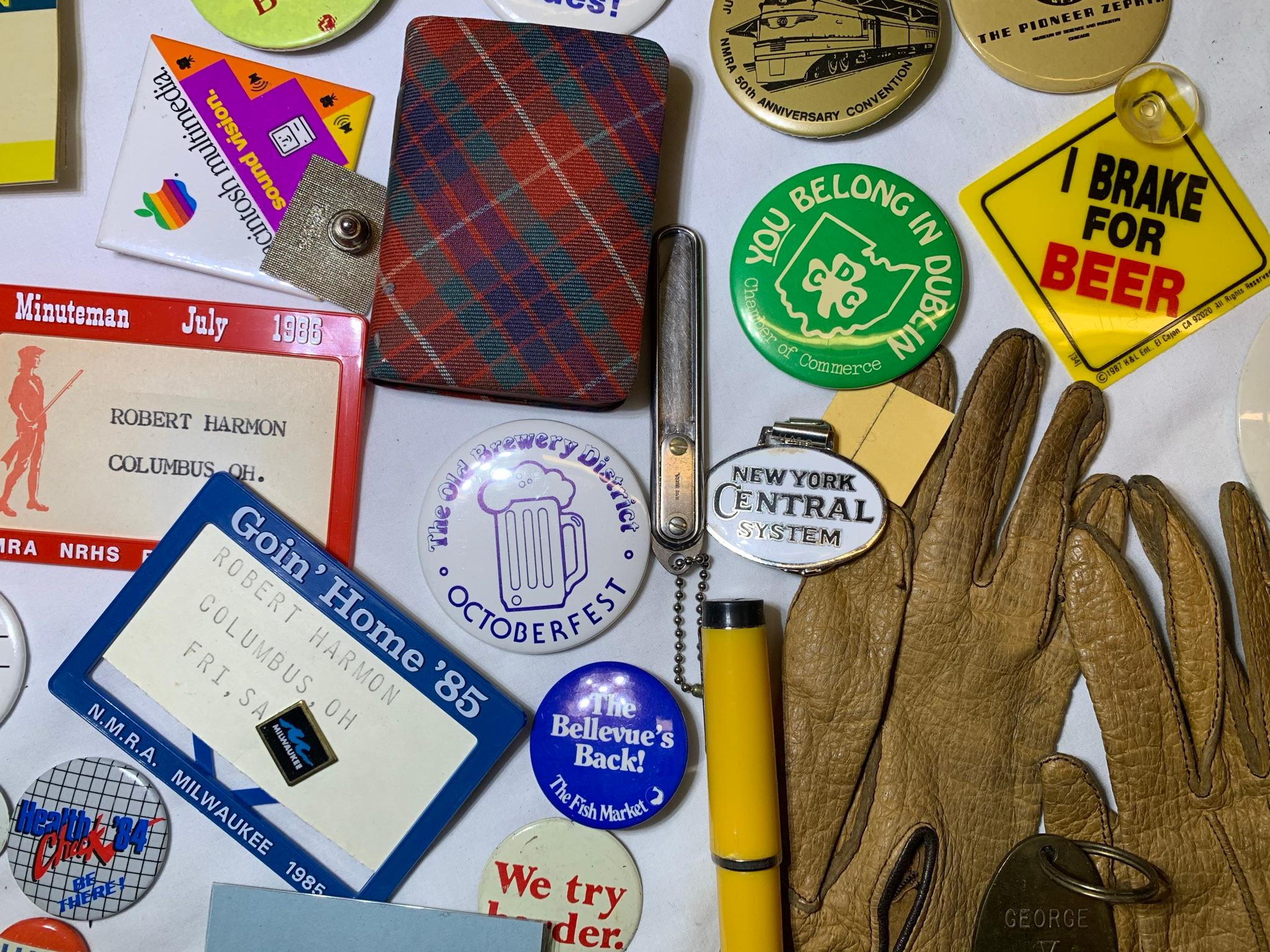 Collection of Buttons, Knives, Pens, Watch, Gloves and More.
