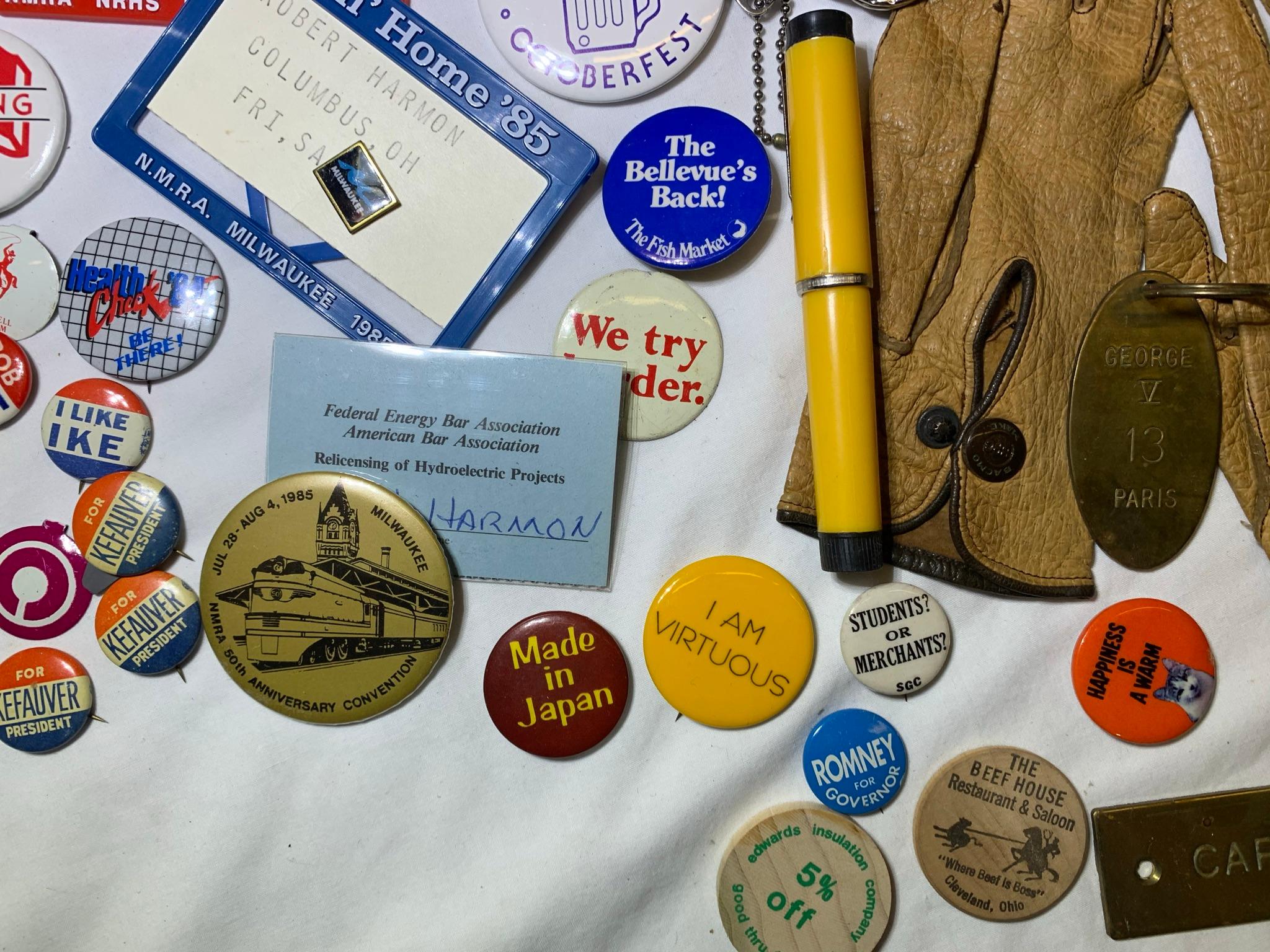 Collection of Buttons, Knives, Pens, Watch, Gloves and More.