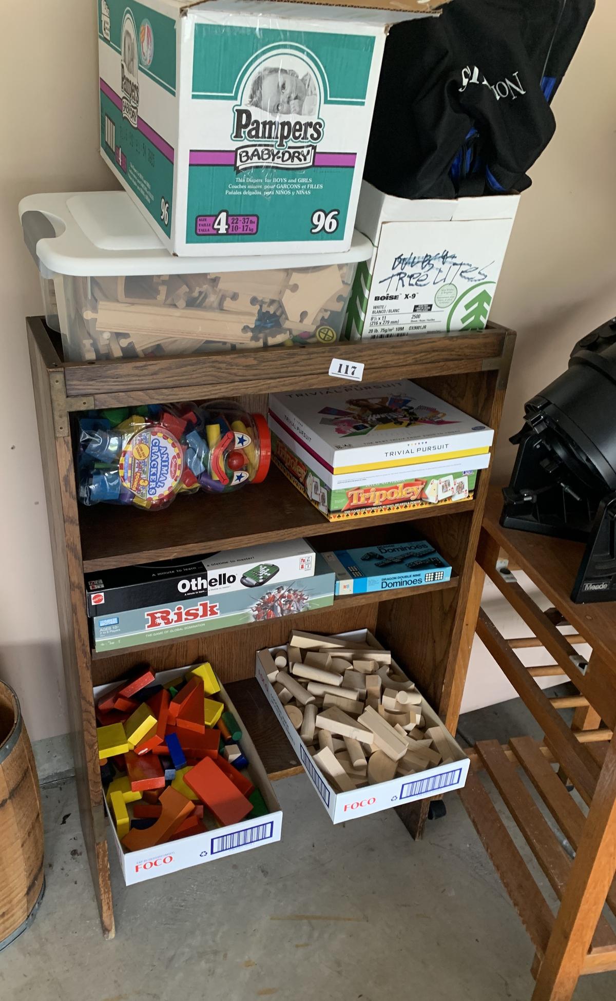 Shelf and contents - puzzles, kids games, toys