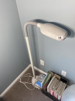 Lamp, magazines, exercise ball.