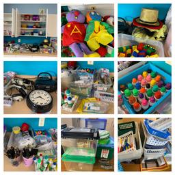 Large Group of Puppets, Legos, Clock, Headphones, Paint, Baskets, Butterfly Catching Items