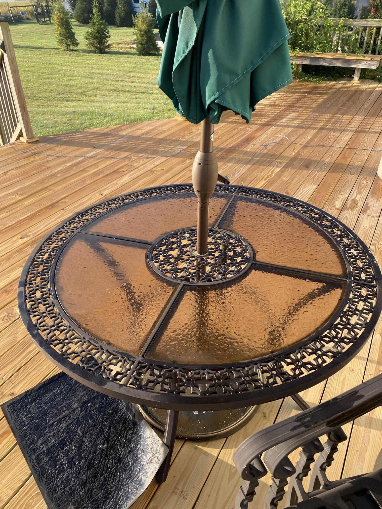 Patio Table, Chairs, Umbrella