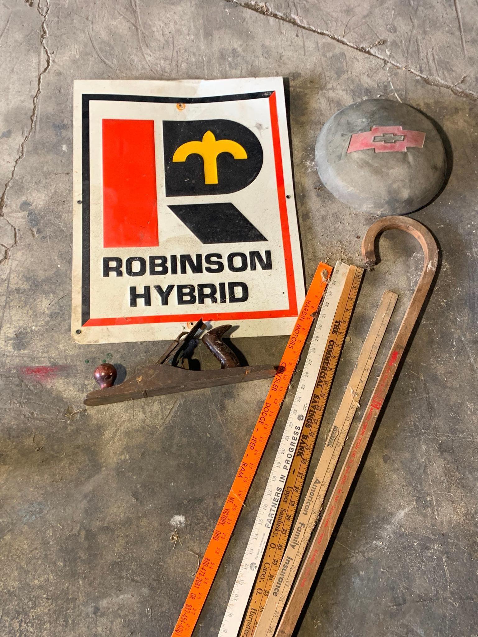 Metal Seed Sign, Hub Cap & Yard Sticks