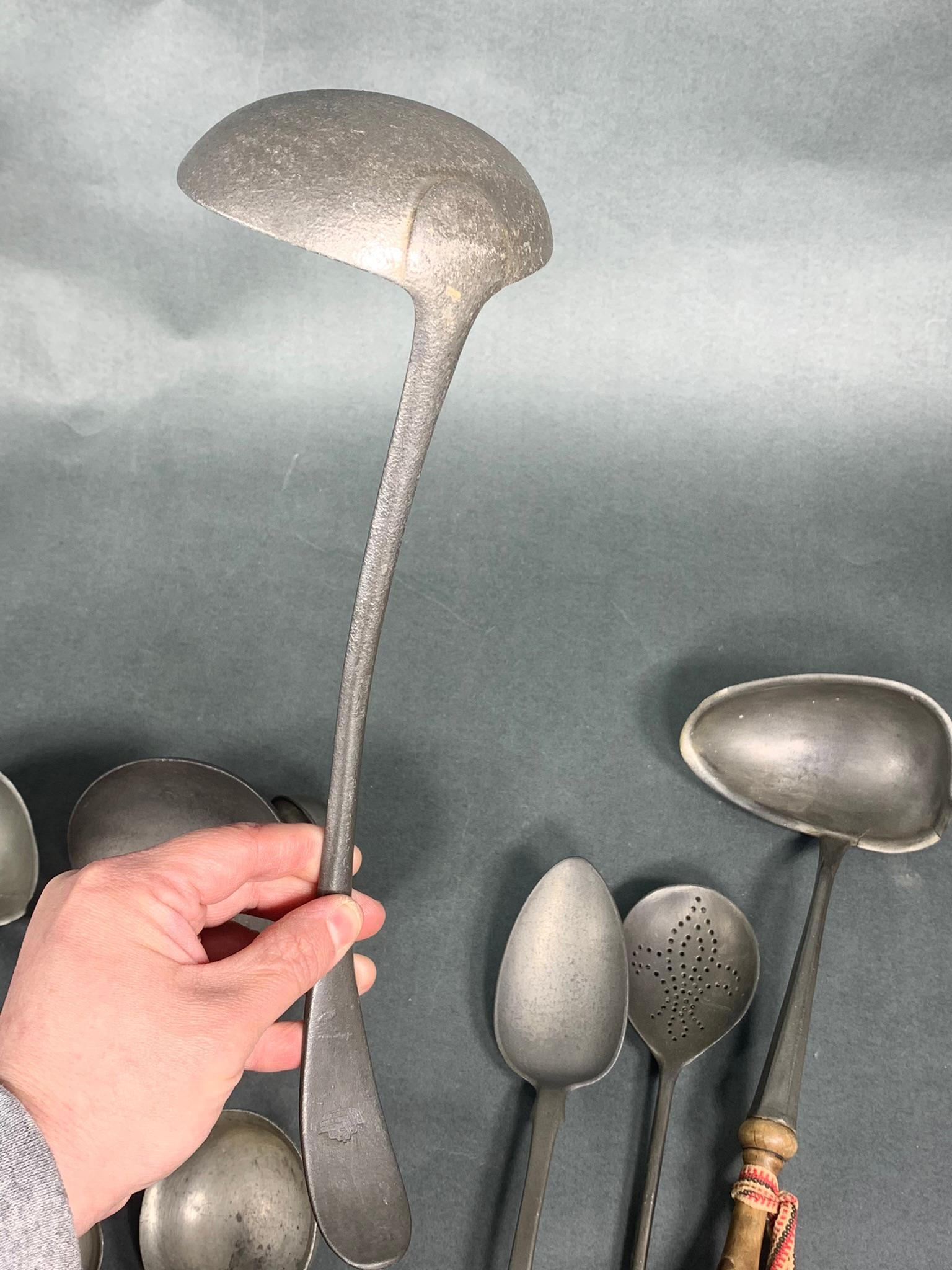 Group Lot of Antique Early Pewter Spoons Utensils