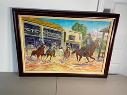 Jockey's Horse Racing Antique Print + Western Shootout Painting