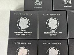 8 US Mint Silver Dollar Coins in Boxes