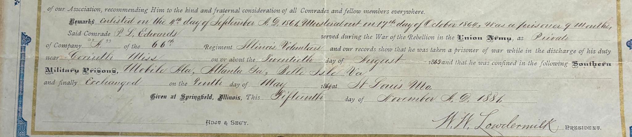 CIVIL WAR 66TH ILLINOIS INFANTRY POW CERTIFICATE BIRGE'S WESTERN SHARPSHOOTERS