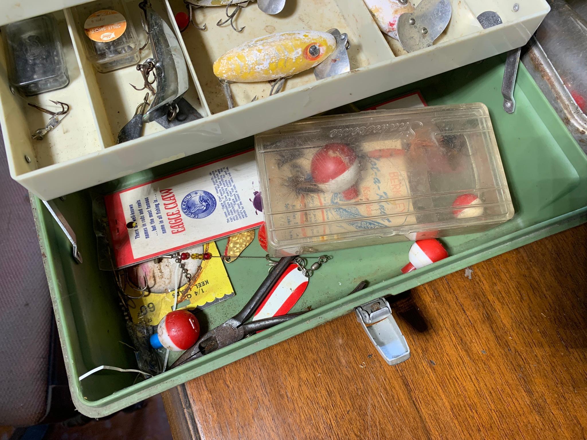 Group of Fishing Lures, Tackle Boxes, Deer Antlers & Coleman Lantern