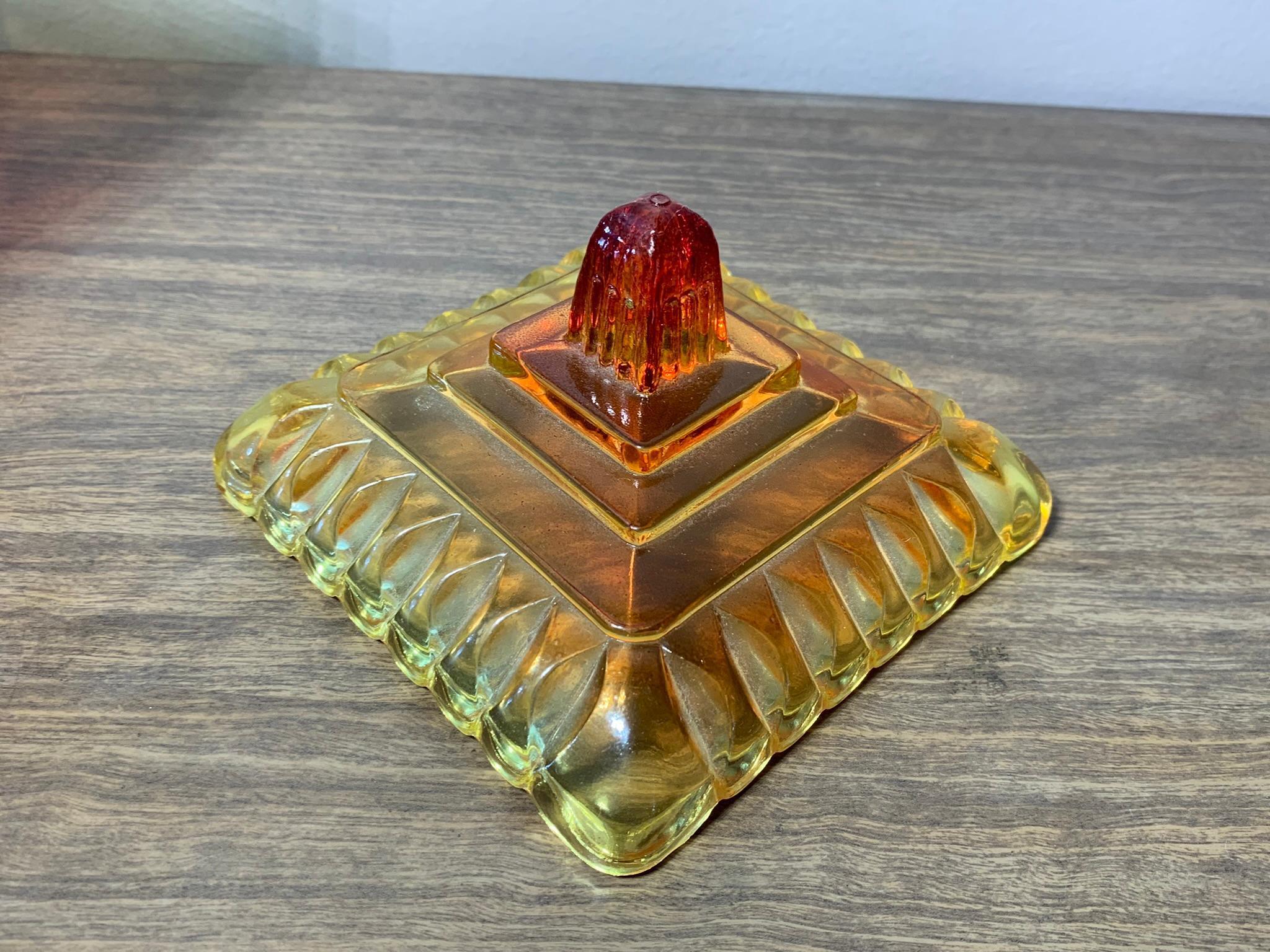 Vintage Amberina Red, Yellow, Orange Covered Candy Dish