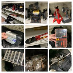 Large Group of Assorted Sockets, Bench Grinder, Flash Light, Router Bit Set & More