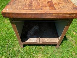 Heavy Antique Butcher Block Top Metal Table