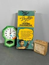 Germany Porcelain 8-Day Clock, Vintage Marionette and Vintage Cardboard Tango Two Toy