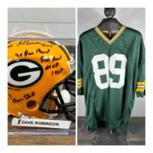 Dave Robinson Green Bay Packers stat signed mini helmet & a signed Packers jersey, PSA/JSA