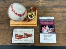 Nolan Ryan signed stat baseball, JSA & a special watch display