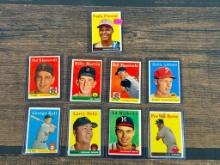 1958 Topps baseball cards: Pee Wee Reese, Mathews, Doby, Kell, Maz, Martin, Ted K., Pinson