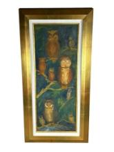 Framed Painting, "A Wise Old Family of Hooty Owls" Unknown Artist
