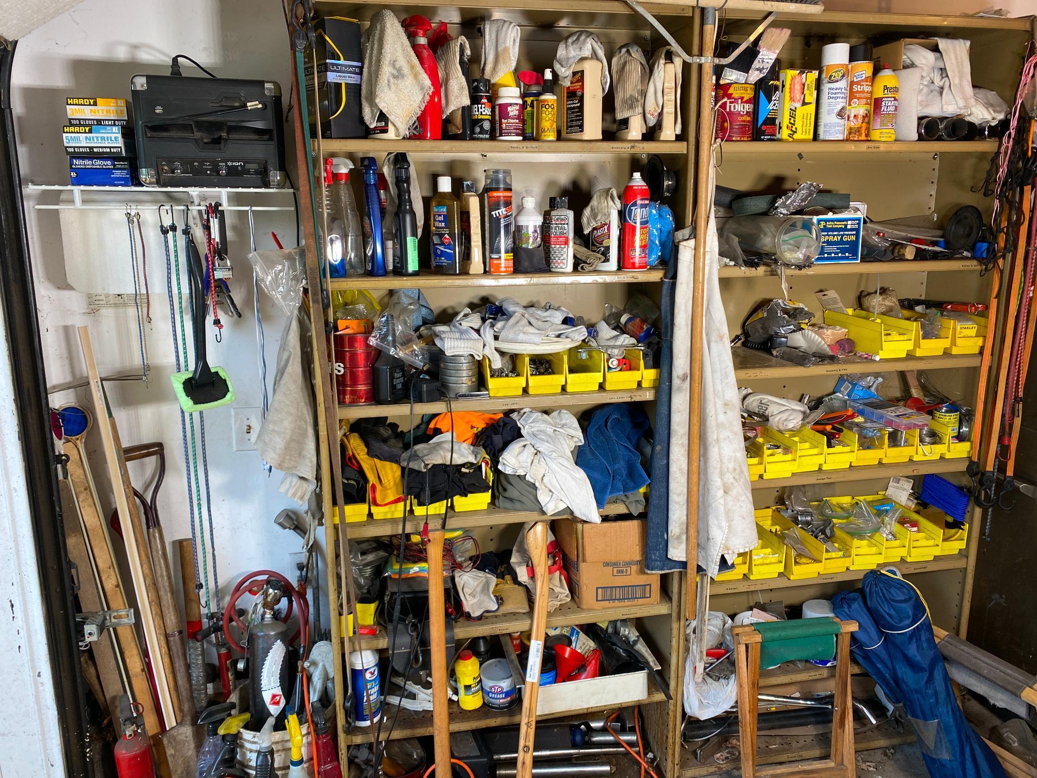 Garage Area contents lot - tools, hardware, oil, torch and more