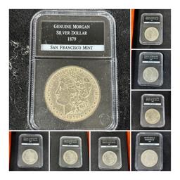 Group Lot of 8 Morgan Silver Dollar Coins in Case