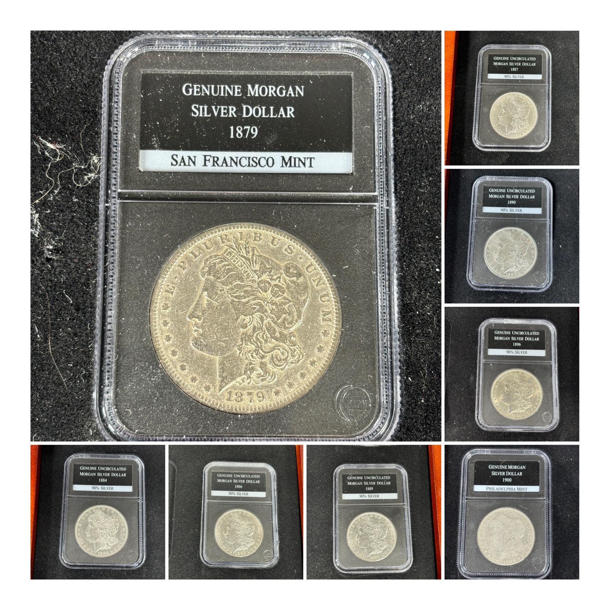 Group Lot of 8 Morgan Silver Dollar Coins in Case