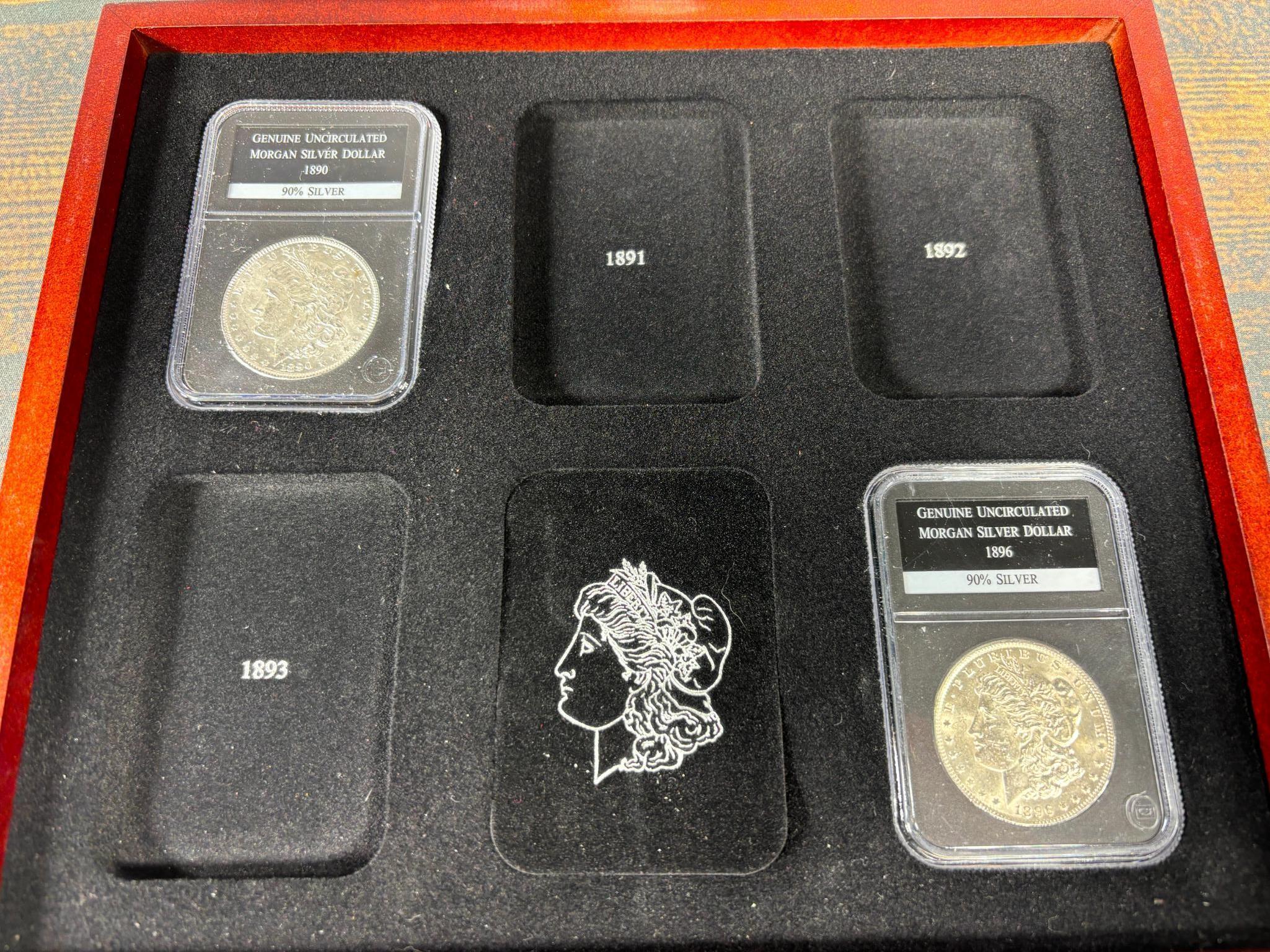 Group Lot of 8 Morgan Silver Dollar Coins in Case