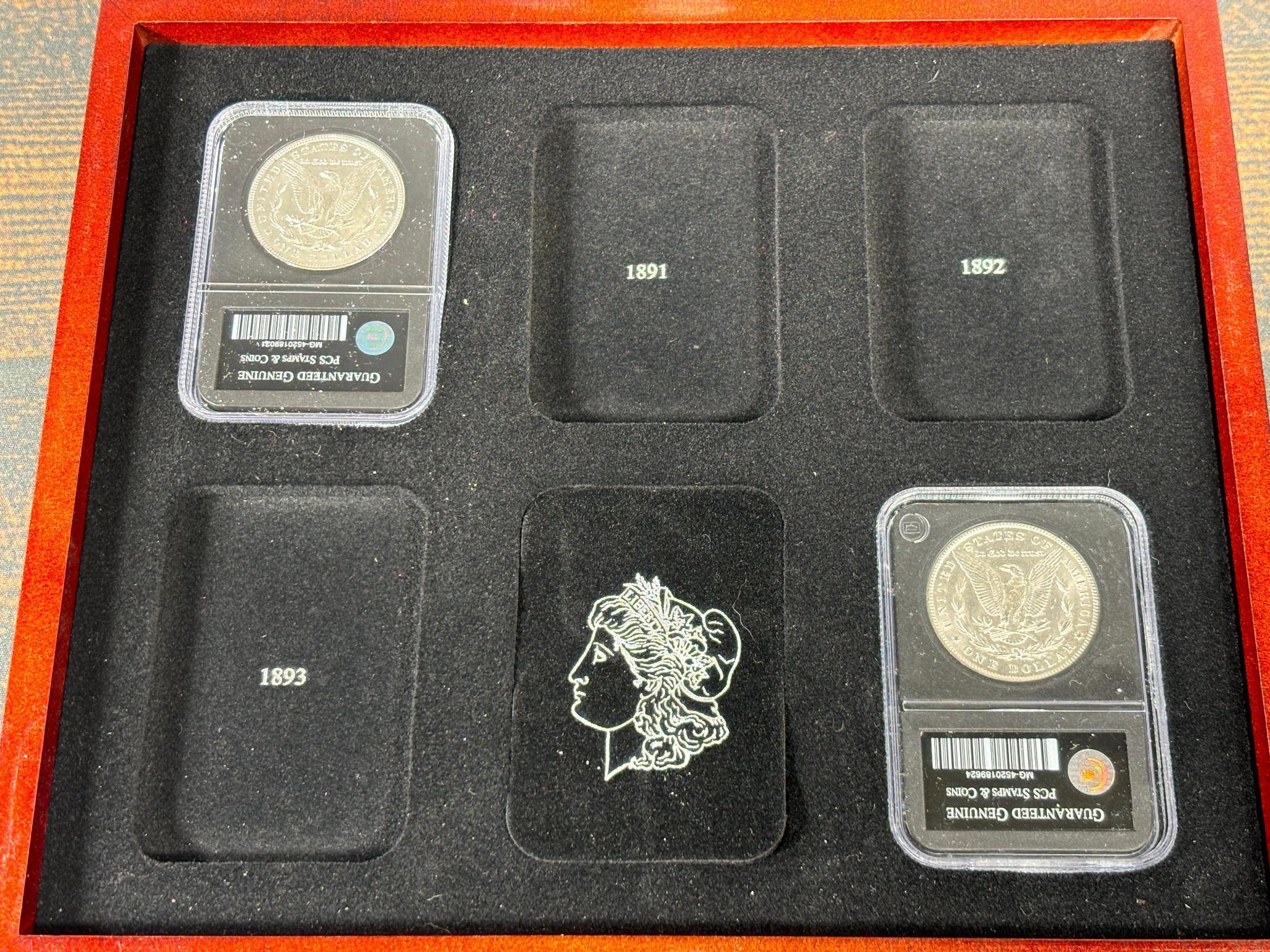 Group Lot of 8 Morgan Silver Dollar Coins in Case